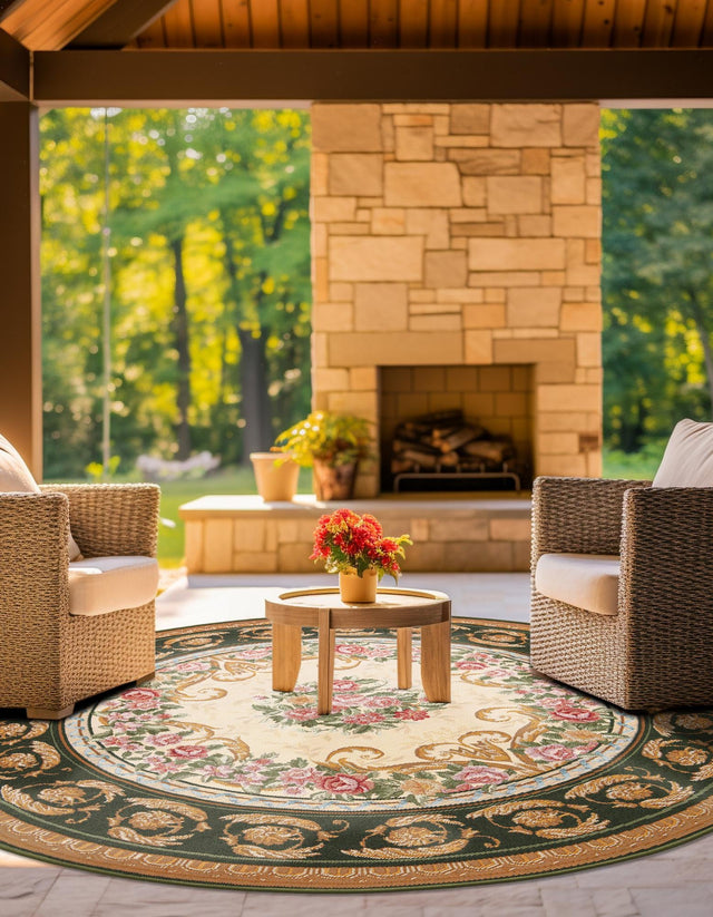 Green and Ivory 7' 10 x 7' 10 Outdoor Traditional Round Area Rug Weather Resistant for Patio, Deck, Terrace, Balcony, Porch Classical Design Outside Carpet for Sale at Rug Engine