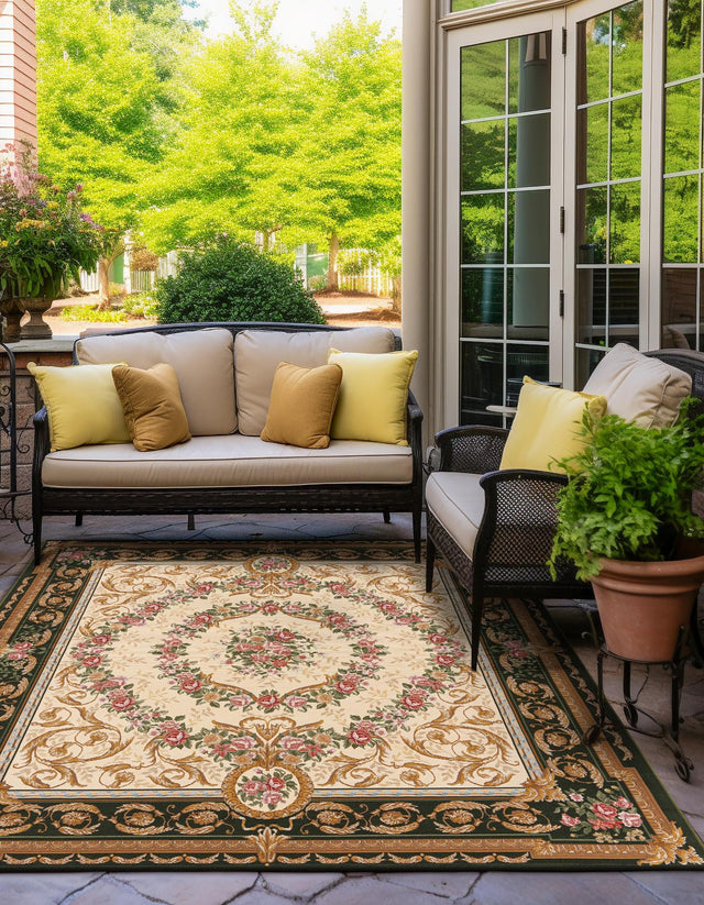 Green and Ivory 7' 10 x 7' 10 Outdoor Traditional Square Area Rug Weather Resistant for Patio, Deck, Terrace, Balcony, Porch Classical Design Outside Carpet for Sale at Rug Engine