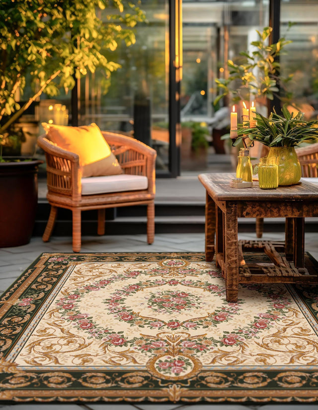 Green and Ivory 10' x 10' Outdoor Traditional Square Area Rug Weather Resistant for Patio, Deck, Terrace, Balcony, Porch Classical Design Outside Carpet for Sale at Rug Engine