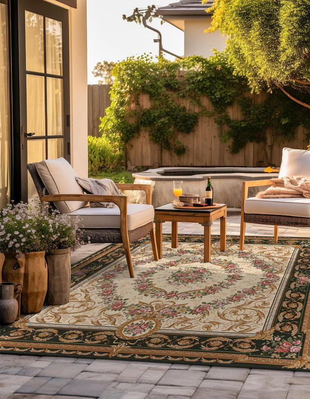 Green and Ivory 10' x 10' Outdoor Traditional Square Area Rug Weather Resistant for Patio, Deck, Terrace, Balcony, Porch Classical Design Outside Carpet for Sale at Rug Engine