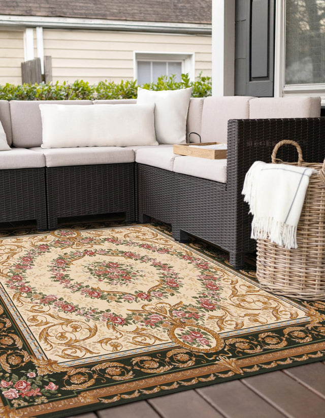 Green and Ivory 10' x 10' Outdoor Traditional Square Area Rug Weather Resistant for Patio, Deck, Terrace, Balcony, Porch Classical Design Outside Carpet for Sale at Rug Engine