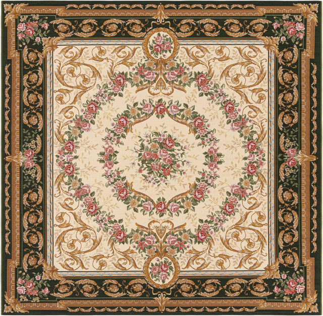 Green and Ivory 7' 10 x 7' 10 Outdoor Traditional Square Area Rug Weather Resistant for Patio, Deck, Terrace, Balcony, Porch Classical Design Outside Carpet for Sale at Rug Engine