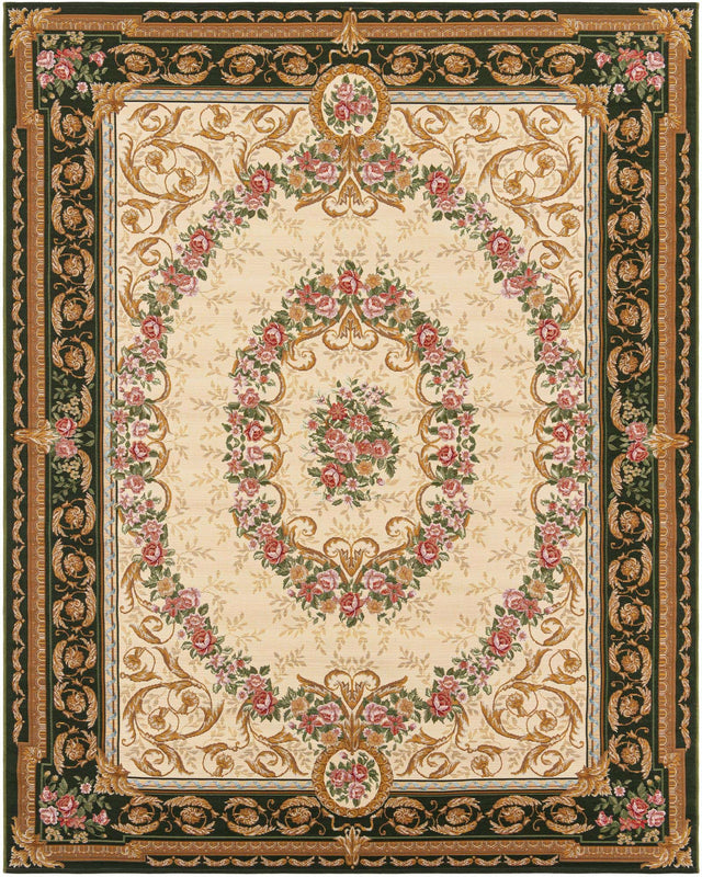 Green and Ivory 7' 10 x 10' Outdoor Traditional Rectangle Area Rug Weather Resistant for Patio, Deck, Terrace, Balcony, Porch Classical Design Outside Carpet for Sale at Rug Engine