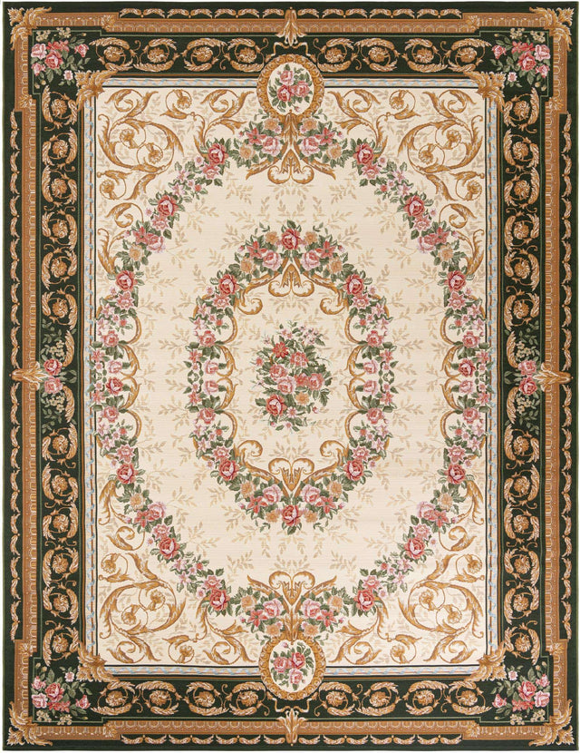 Green and Ivory 9' x 12' Outdoor Traditional Rectangle Area Rug Weather Resistant for Patio, Deck, Terrace, Balcony, Porch Classical Design Outside Carpet for Sale at Rug Engine