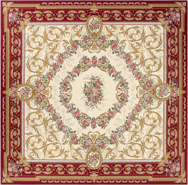 Burgundy Red and Ivory 10' x 10' Outdoor Traditional Square Area Rug Weather Resistant for Patio, Deck, Terrace, Balcony, Porch Classical Design Outside Carpet for Sale at Rug Engine