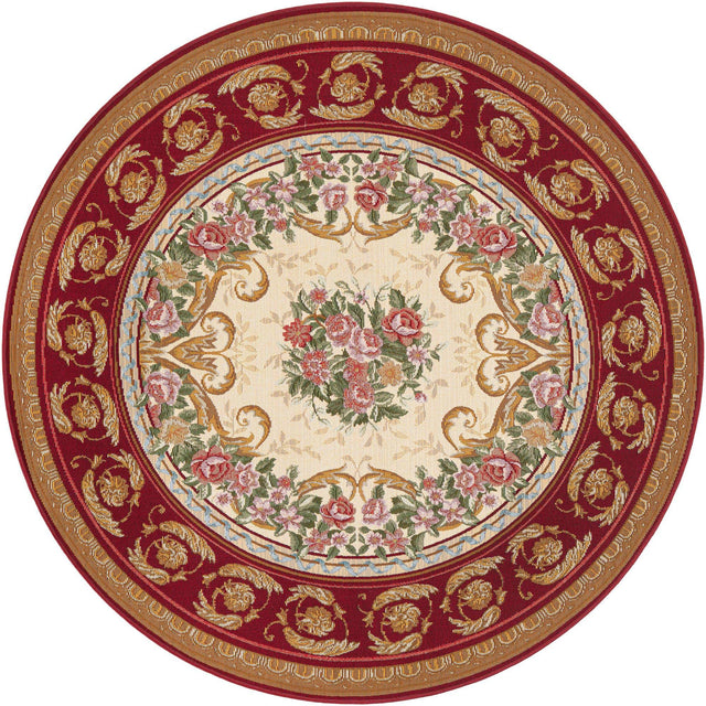 Burgundy Red and Ivory 5' 1 x 5' 1 Outdoor Traditional Round Area Rug Weather Resistant for Patio, Deck, Terrace, Balcony, Porch Classical Design Outside Carpet for Sale at Rug Engine