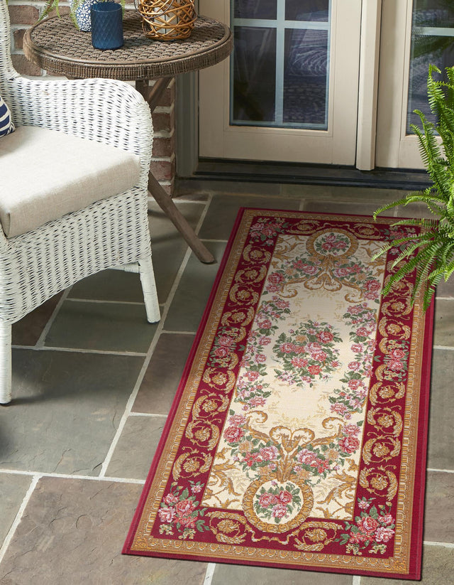 Burgundy Red and Ivory 2' x 8' Outdoor Traditional Runner Area Rug Weather Resistant for Patio, Deck, Terrace, Balcony, Porch Classical Design Outside Carpet for Sale at Rug Engine