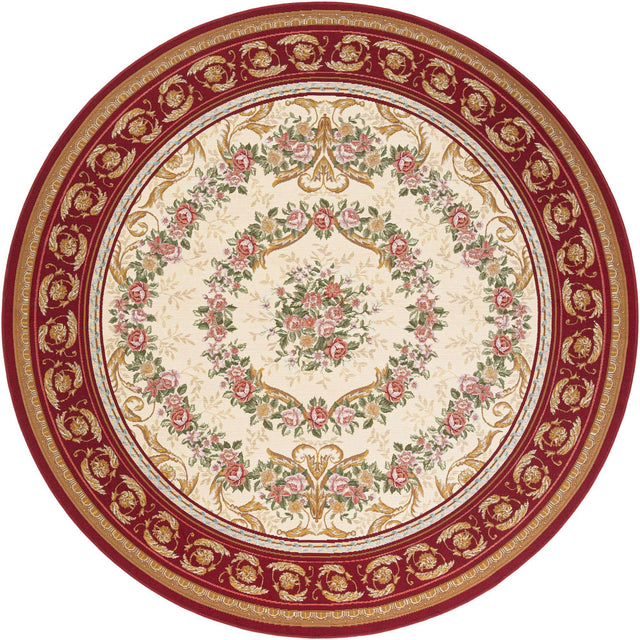 Burgundy Red and Ivory 7' 10 x 7' 10 Outdoor Traditional Round Area Rug Weather Resistant for Patio, Deck, Terrace, Balcony, Porch Classical Design Outside Carpet for Sale at Rug Engine