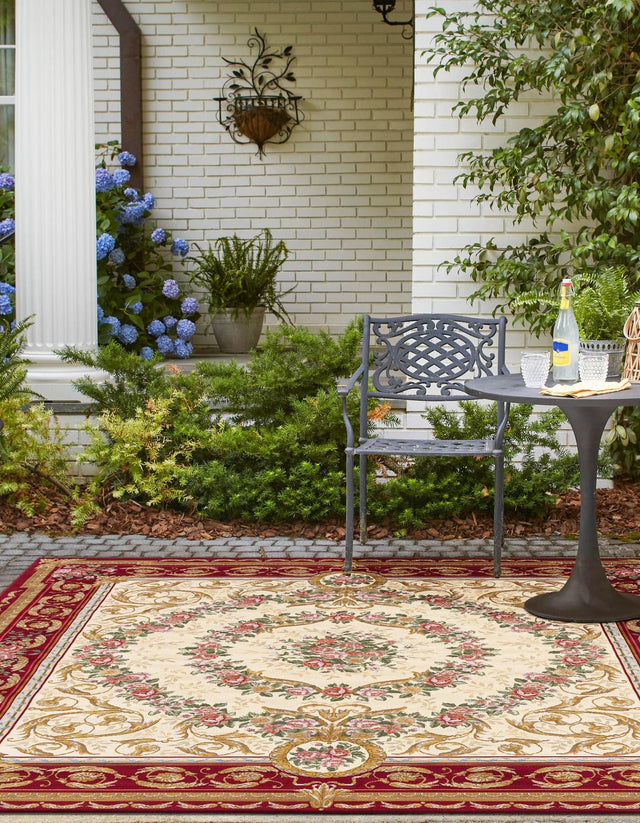 Burgundy Red and Ivory 10' x 10' Outdoor Traditional Square Area Rug Weather Resistant for Patio, Deck, Terrace, Balcony, Porch Classical Design Outside Carpet for Sale at Rug Engine