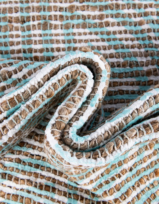Blue and Ivory 6' 1 x 9' Chenille Jute Rectangle Area Rug Vintage Distressed Boho All Natural Eco-Friendly Sustainable Carpet for Living Dining Office Dorm Rooms for Sale at Rug Engine