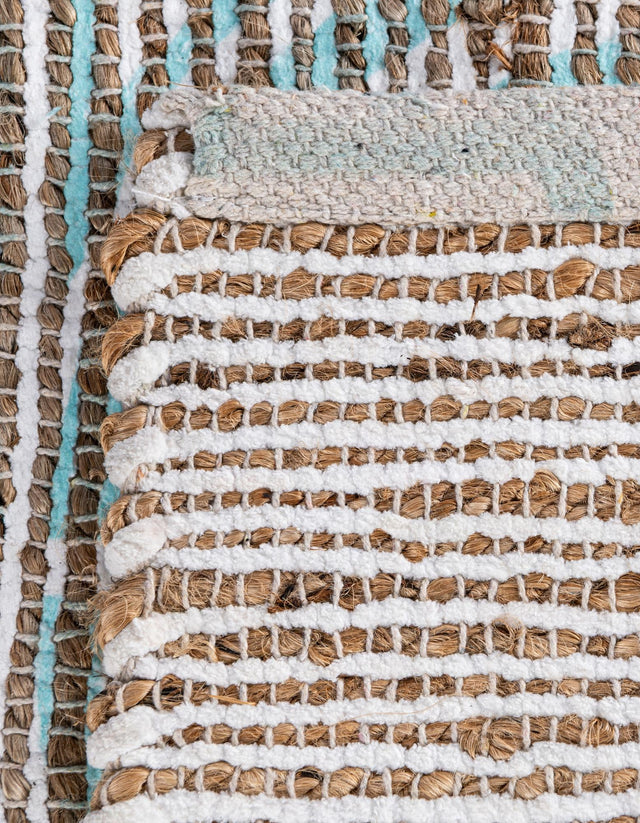 Blue and Ivory 6' 1 x 9' Chenille Jute Rectangle Area Rug Vintage Distressed Boho All Natural Eco-Friendly Sustainable Carpet for Living Dining Office Dorm Rooms for Sale at Rug Engine
