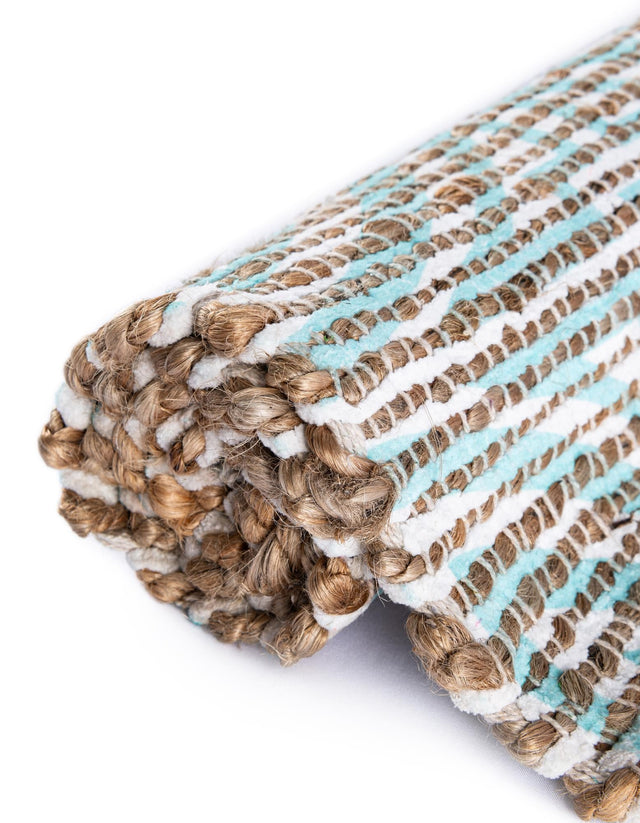 Blue and Ivory 6' 1 x 9' Chenille Jute Rectangle Area Rug Vintage Distressed Boho All Natural Eco-Friendly Sustainable Carpet for Living Dining Office Dorm Rooms for Sale at Rug Engine