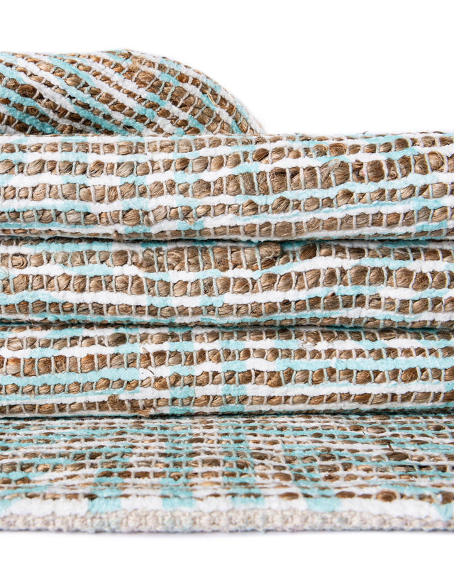 Blue and Ivory 6' 1 x 9' Chenille Jute Rectangle Area Rug Vintage Distressed Boho All Natural Eco-Friendly Sustainable Carpet for Living Dining Office Dorm Rooms for Sale at Rug Engine
