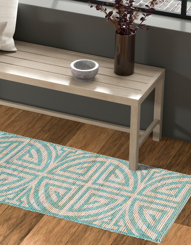Blue and Ivory 2' 2 x 6' 1 Chenille Jute Runner Area Rug Vintage Distressed Boho All Natural Eco-Friendly Sustainable Carpet for Living Dining Office Dorm Rooms for Sale at Rug Engine