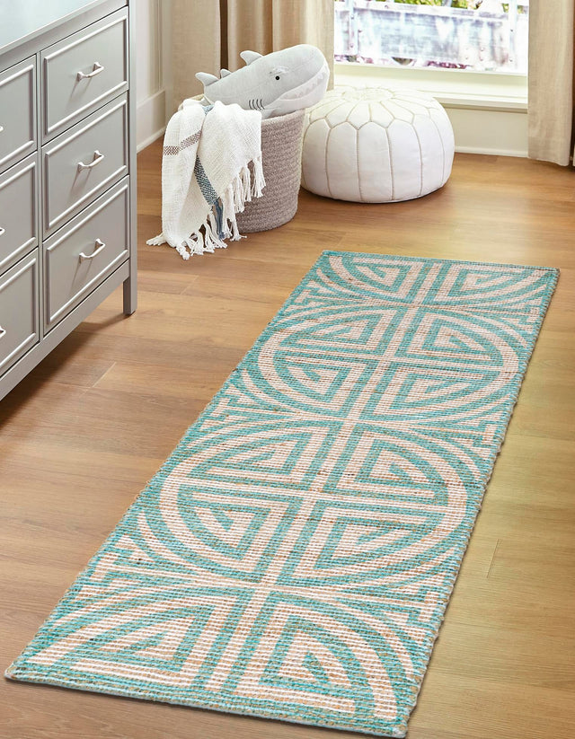 Blue and Ivory 2' 2 x 6' 1 Chenille Jute Runner Area Rug Vintage Distressed Boho All Natural Eco-Friendly Sustainable Carpet for Living Dining Office Dorm Rooms for Sale at Rug Engine