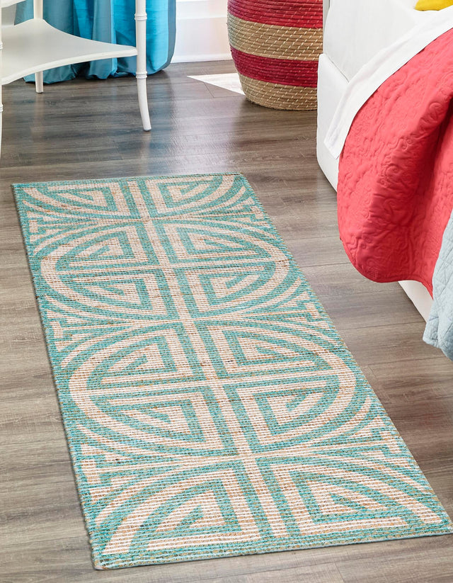 Blue and Ivory 2' 2 x 6' 1 Chenille Jute Runner Area Rug Vintage Distressed Boho All Natural Eco-Friendly Sustainable Carpet for Living Dining Office Dorm Rooms for Sale at Rug Engine