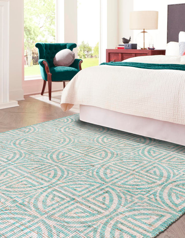 Blue and Ivory 7' 10 x 7' 10 Chenille Jute Square Area Rug Vintage Distressed Boho All Natural Eco-Friendly Sustainable Carpet for Living Dining Office Dorm Rooms for Sale at Rug Engine
