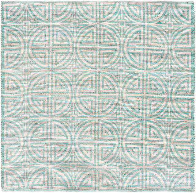 Blue and Ivory 7' 10 x 7' 10 Chenille Jute Square Area Rug Vintage Distressed Boho All Natural Eco-Friendly Sustainable Carpet for Living Dining Office Dorm Rooms for Sale at Rug Engine