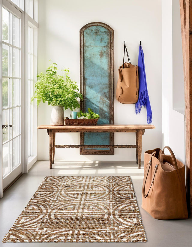 Light Brown and Ivory 5' 1 x 8' Chenille Jute Rectangle Area Rug Vintage Distressed Boho All Natural Eco-Friendly Sustainable Carpet for Living Dining Office Dorm Rooms for Sale at Rug Engine