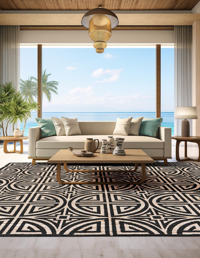 Black and Ivory 7' 10 x 7' 10 Chenille Jute Square Area Rug Vintage Distressed Boho All Natural Eco-Friendly Sustainable Carpet for Living Dining Office Dorm Rooms for Sale at Rug Engine