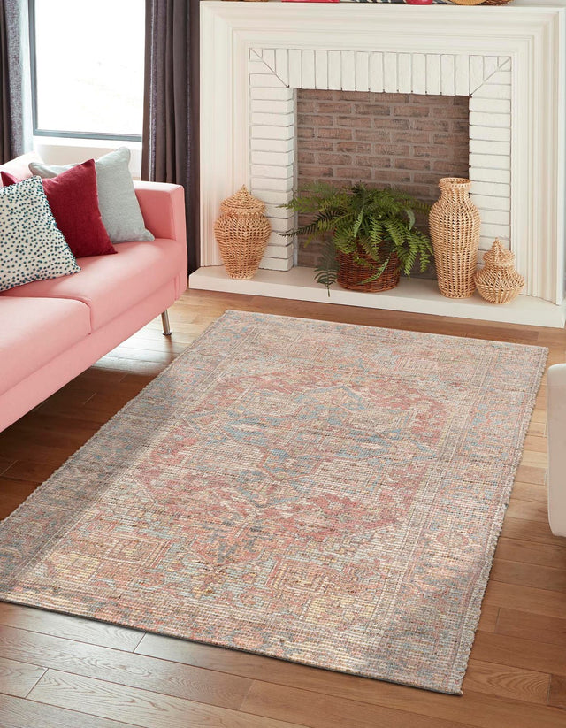 Antique Red and Blue 6' 1 x 9' Chenille Jute Rectangle Area Rug Vintage Distressed Boho All Natural Eco-Friendly Sustainable Carpet for Living Dining Office Dorm Rooms for Sale at Rug Engine
