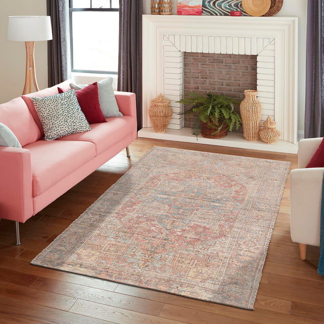 Antique Red and Blue 9' x 12' Chenille Jute Rectangle Area Rug Vintage Distressed Boho All Natural Eco-Friendly Sustainable Carpet for Living Dining Office Dorm Rooms for Sale at Rug Engine