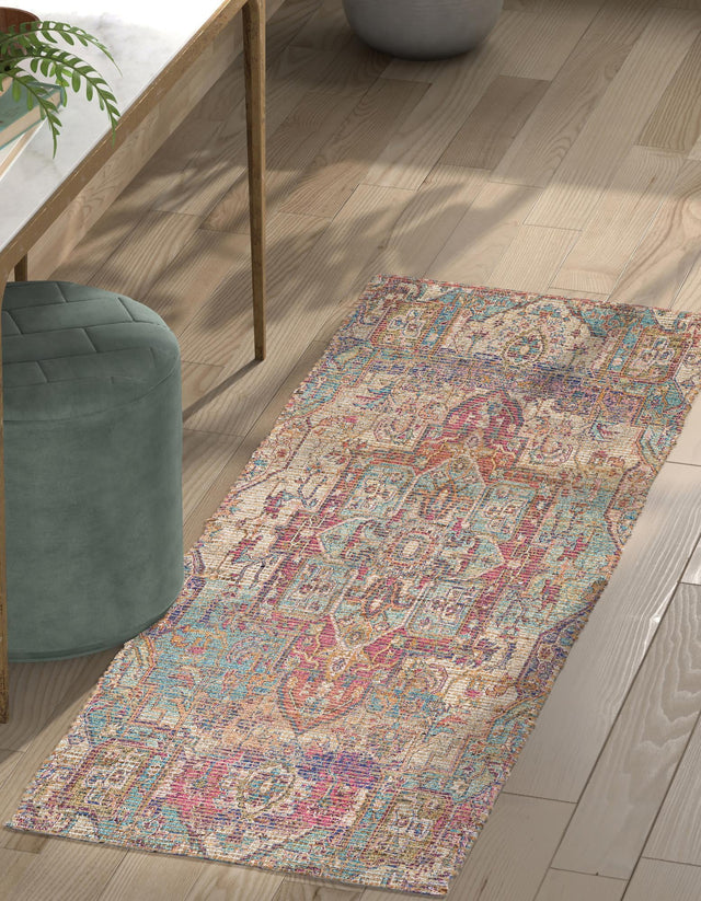 Antique Red and Blue 2' 2 x 8' Chenille Jute Runner Area Rug Vintage Distressed Boho All Natural Eco-Friendly Sustainable Carpet for Living Dining Office Dorm Rooms for Sale at Rug Engine