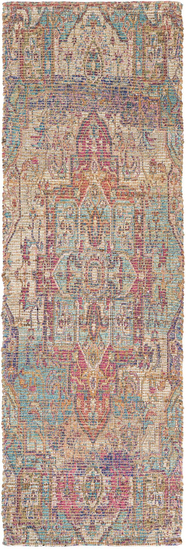 Antique Red and Blue 2' 2 x 6' 1 Chenille Jute Runner Area Rug Vintage Distressed Boho All Natural Eco-Friendly Sustainable Carpet for Living Dining Office Dorm Rooms for Sale at Rug Engine