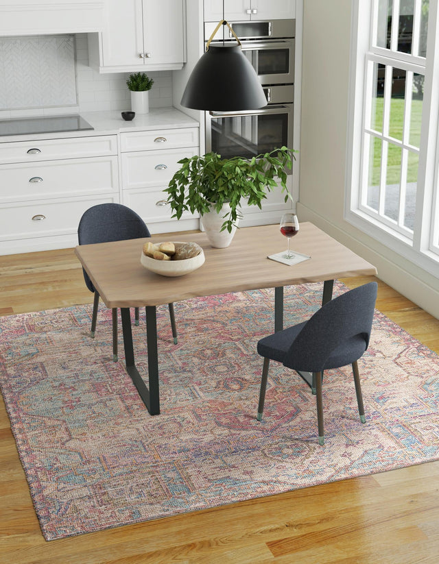 Antique Red and Blue 7' 10 x 7' 10 Chenille Jute Square Area Rug Vintage Distressed Boho All Natural Eco-Friendly Sustainable Carpet for Living Dining Office Dorm Rooms for Sale at Rug Engine