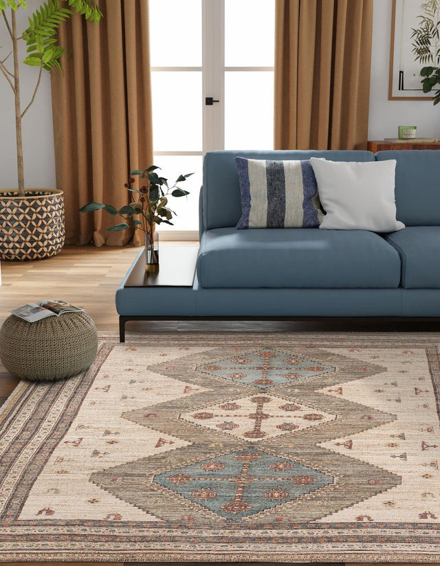 Beige 7' 10 x 7' 10 Chenille Jute Square Area Rug Vintage Distressed Boho All Natural Eco-Friendly Sustainable Carpet for Living Dining Office Dorm Rooms for Sale at Rug Engine
