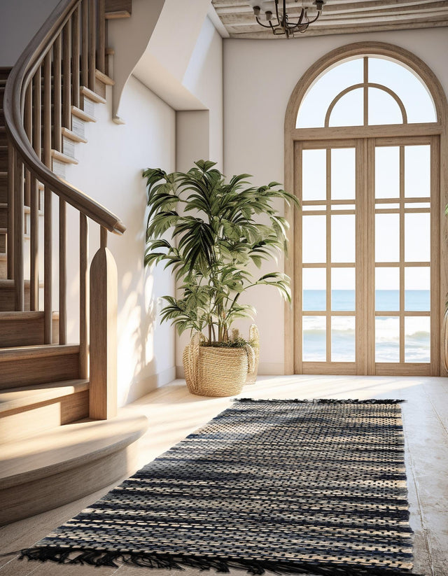 Navy Blue and Ivory 2' x 5' 1 Chunky Jute Runner Area Rug 100% All Natural Jute Sustainable Eco-Friendly Carpet Mat for Natural Interior Design Homes for Sale at Rug Engine