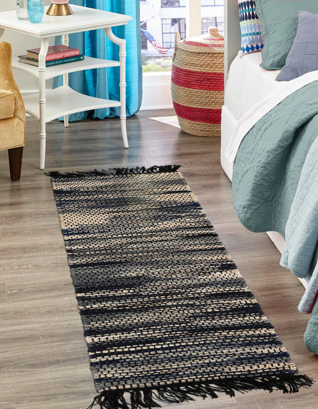 Navy Blue and Ivory 2' x 8' Chunky Jute Runner Area Rug 100% All Natural Jute Sustainable Eco-Friendly Carpet Mat for Natural Interior Design Homes for Sale at Rug Engine