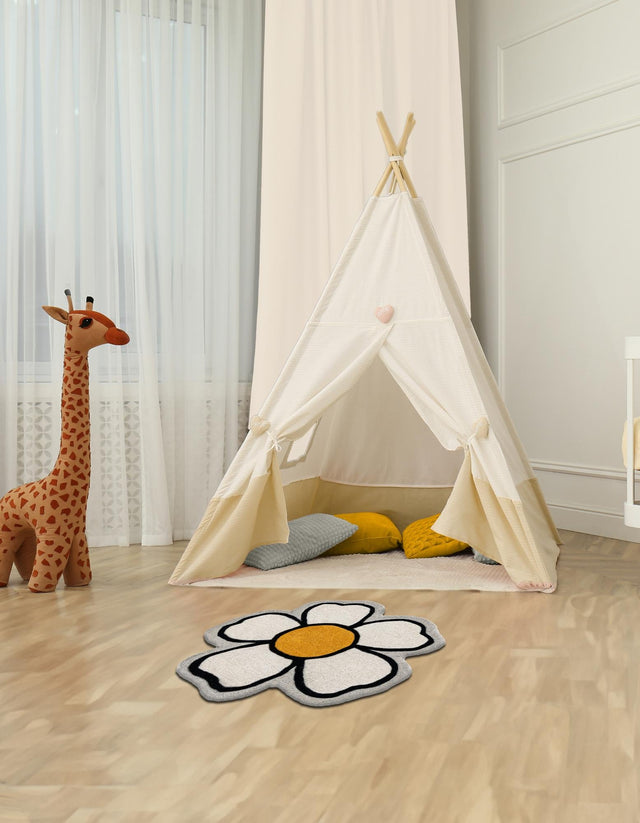 Ivory 4' 1 x 4' 1 Playtime Kids Wool Freeform Area Rug for Baby Nursery, Toddler Playroom, Bedrooms Hand Tufted High Quality Dense Wool Pile Natural Carpet for Sale at Rug Engine