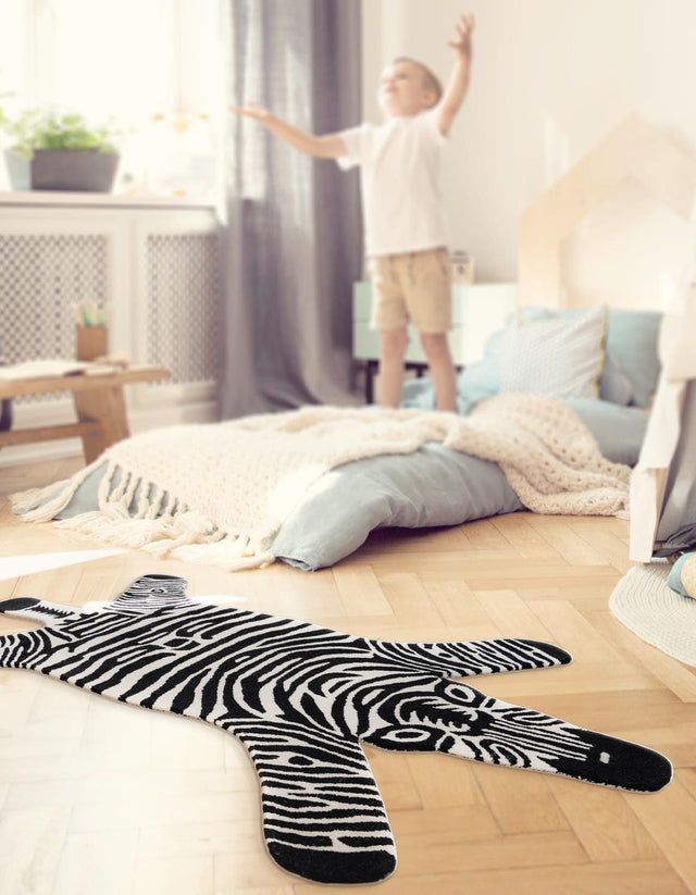 Black and White 4' 1 x 6' 1 Playtime Kids Wool Freeform Area Rug for Baby Nursery, Toddler Playroom, Bedrooms