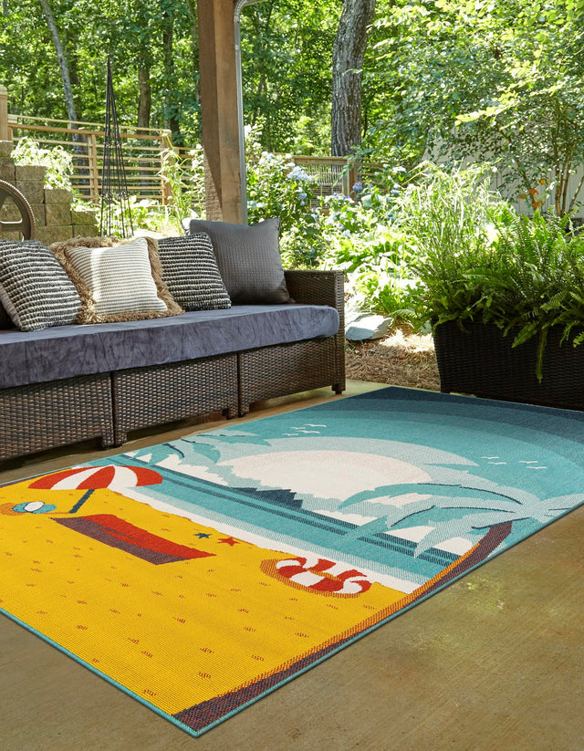 Multicolor 6' 1 x 9' Outdoor Coastal Rectangle Area Rug Weather Resistant for Patio, Deck, Terrace, Balcony, Porch 100% Polypropylene Coastal Decor Carpet for Sale at Rug Engine