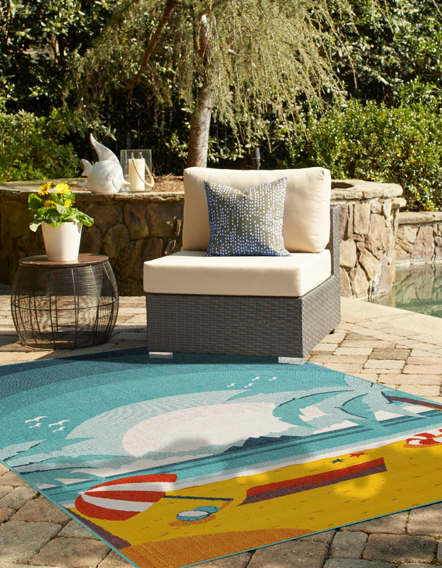 Multicolor 4' 1 x 6' 1 Outdoor Coastal Rectangle Area Rug Weather Resistant for Patio, Deck, Terrace, Balcony, Porch 100% Polypropylene Coastal Decor Carpet for Sale at Rug Engine