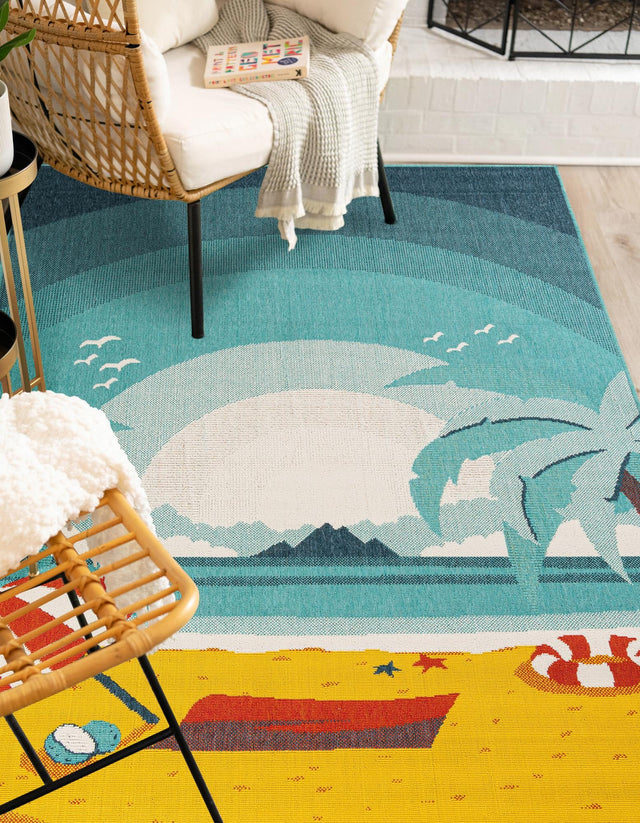Multicolor 7' 10 x 10' Outdoor Coastal Rectangle Area Rug Weather Resistant for Patio, Deck, Terrace, Balcony, Porch 100% Polypropylene Coastal Decor Carpet for Sale at Rug Engine