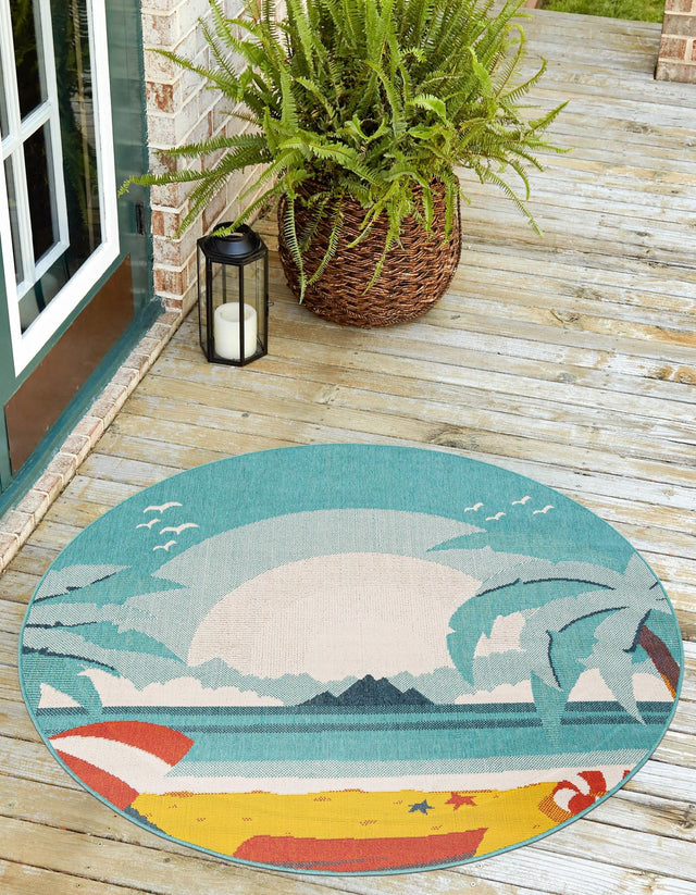 Multicolor 4' 1 x 4' 1 Outdoor Coastal Round Area Rug Weather Resistant for Patio, Deck, Terrace, Balcony, Porch 100% Polypropylene Coastal Decor Carpet for Sale at Rug Engine