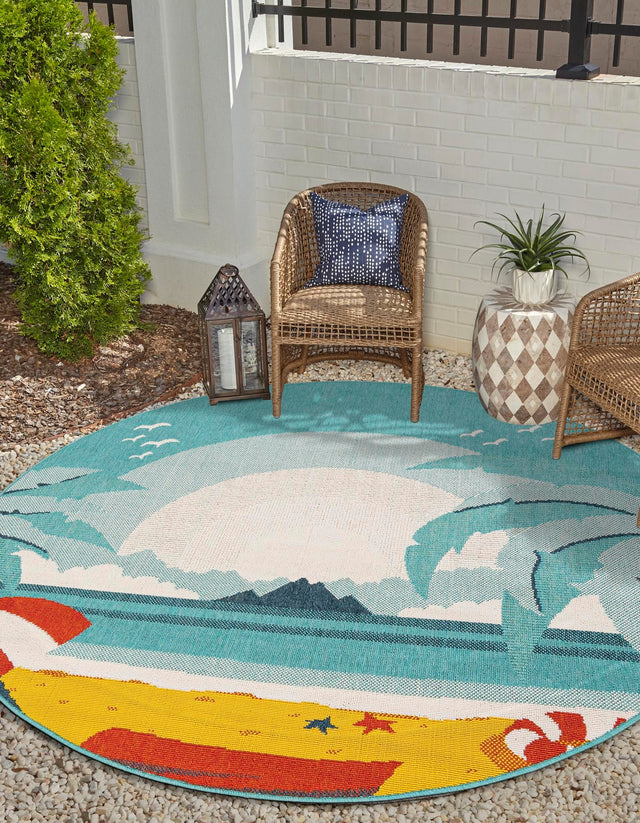 Multicolor 7' 10 x 7' 10 Outdoor Coastal Round Area Rug Weather Resistant for Patio, Deck, Terrace, Balcony, Porch 100% Polypropylene Coastal Decor Carpet for Sale at Rug Engine
