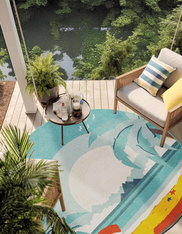 Multicolor 3' 1 x 3' 1 Outdoor Coastal Round Area Rug Weather Resistant for Patio, Deck, Terrace, Balcony, Porch 100% Polypropylene Coastal Decor Carpet for Sale at Rug Engine
