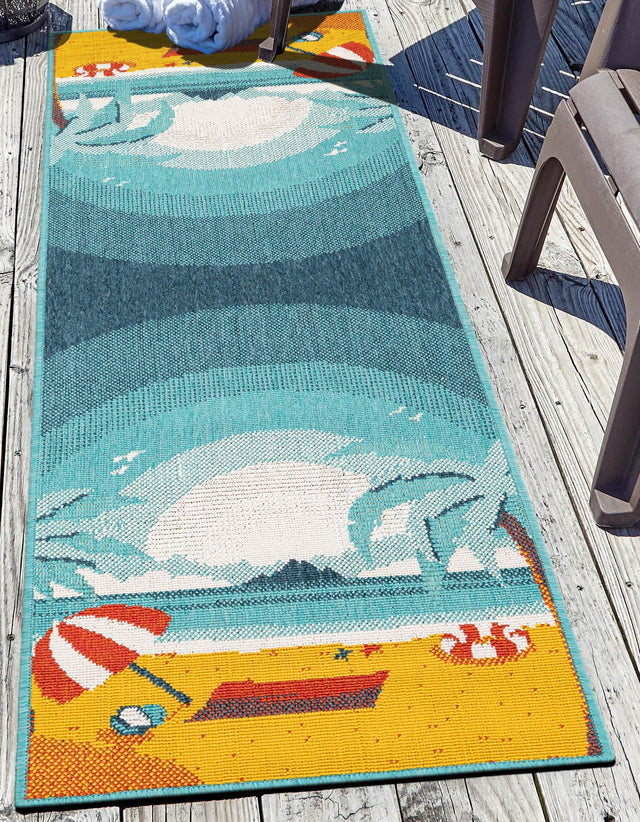 Multicolor 2' x 8' Outdoor Coastal Runner Area Rug Weather Resistant for Patio, Deck, Terrace, Balcony, Porch 100% Polypropylene Coastal Decor Carpet for Sale at Rug Engine