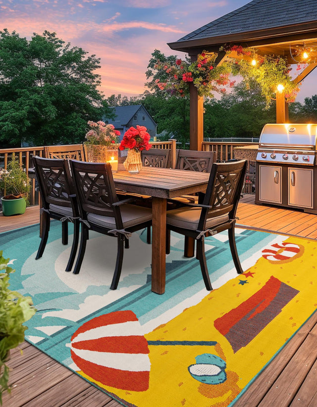 Multicolor 7' 10 x 7' 10 Outdoor Coastal Square Area Rug Weather Resistant for Patio, Deck, Terrace, Balcony, Porch 100% Polypropylene Coastal Decor Carpet for Sale at Rug Engine