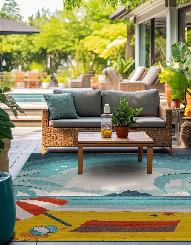 Multicolor 7' 10 x 7' 10 Outdoor Coastal Square Area Rug Weather Resistant for Patio, Deck, Terrace, Balcony, Porch 100% Polypropylene Coastal Decor Carpet for Sale at Rug Engine