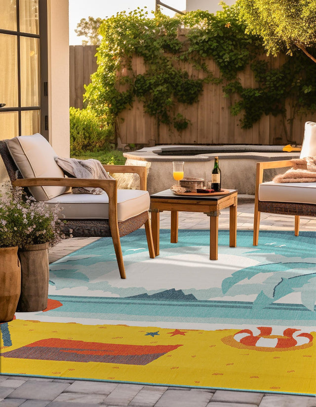 Multicolor 7' 10 x 7' 10 Outdoor Coastal Square Area Rug Weather Resistant for Patio, Deck, Terrace, Balcony, Porch 100% Polypropylene Coastal Decor Carpet for Sale at Rug Engine
