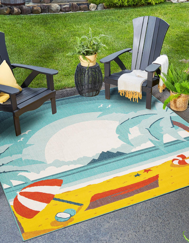 Multicolor 7' 10 x 7' 10 Outdoor Coastal Square Area Rug Weather Resistant for Patio, Deck, Terrace, Balcony, Porch 100% Polypropylene Coastal Decor Carpet for Sale at Rug Engine