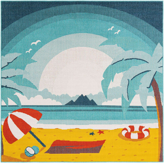 Multicolor 7' 10 x 7' 10 Outdoor Coastal Square Area Rug Weather Resistant for Patio, Deck, Terrace, Balcony, Porch 100% Polypropylene Coastal Decor Carpet for Sale at Rug Engine