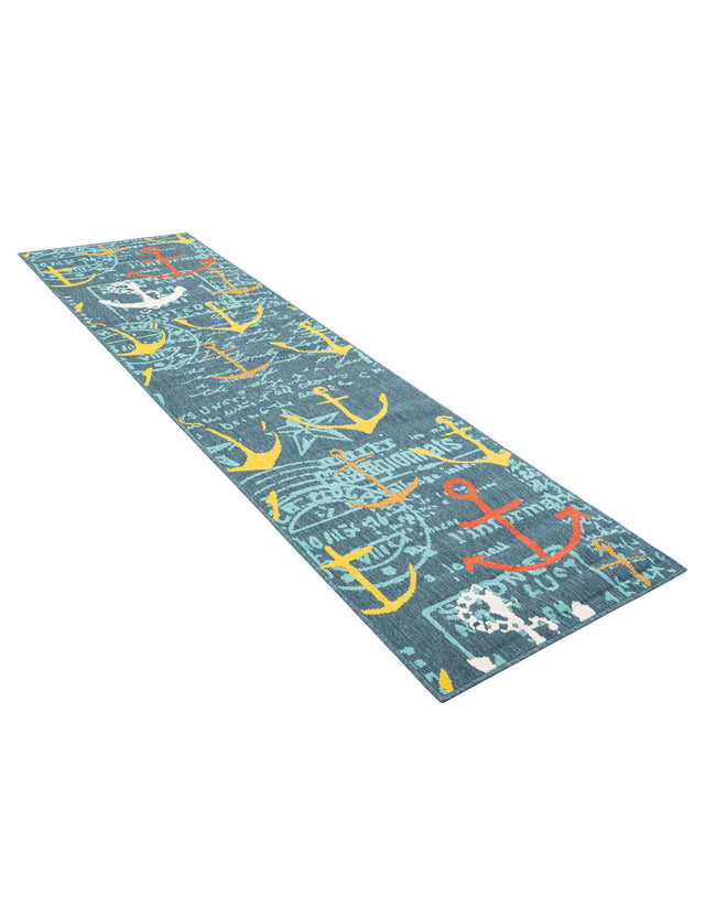Navy Blue 2' 7 x 10' Outdoor Coastal Runner Area Rug Weather Resistant for Patio, Deck, Terrace, Balcony, Porch 100% Polypropylene Coastal Decor Carpet for Sale at Rug Engine