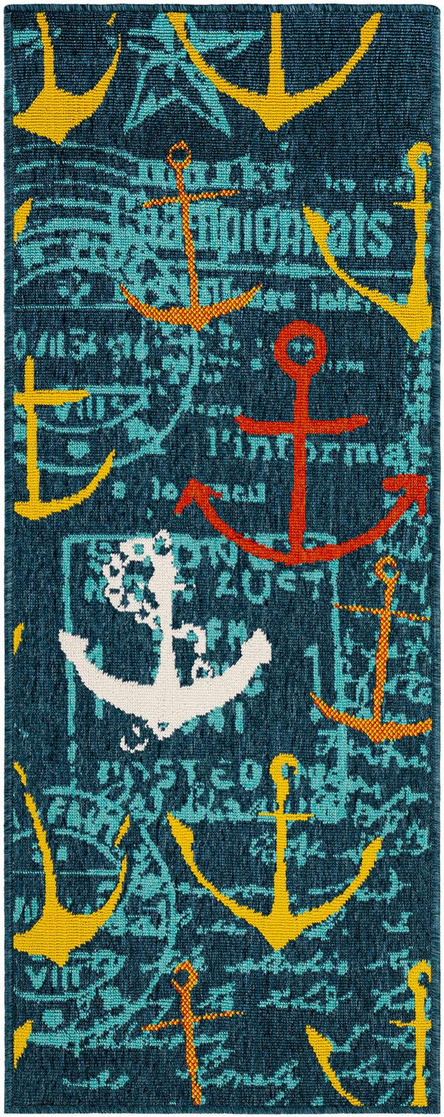 Navy Blue 2' x 5' 1 Outdoor Coastal Runner Area Rug Weather Resistant for Patio, Deck, Terrace, Balcony, Porch 100% Polypropylene Coastal Decor Carpet for Sale at Rug Engine