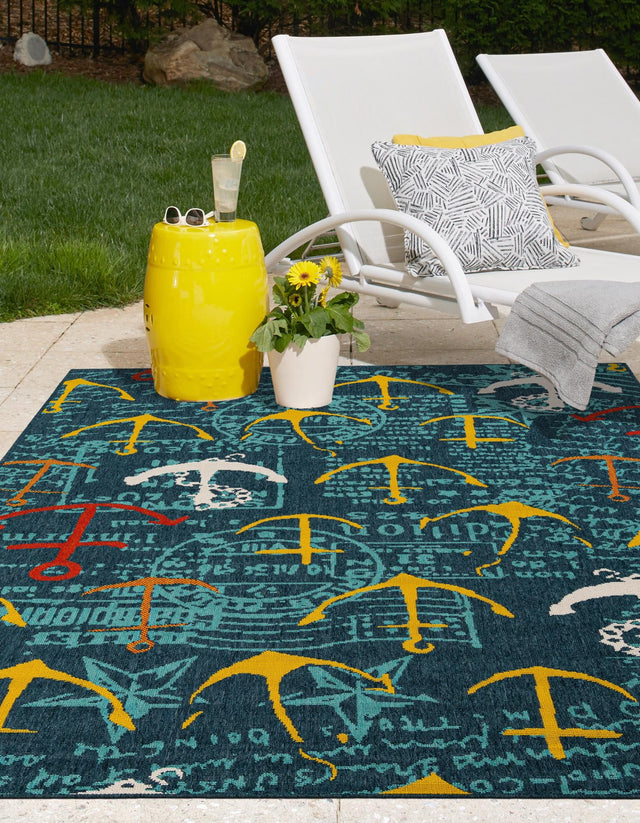 Navy Blue 10' x 14' 1 Outdoor Coastal Rectangle Area Rug Weather Resistant for Patio, Deck, Terrace, Balcony, Porch 100% Polypropylene Coastal Decor Carpet for Sale at Rug Engine