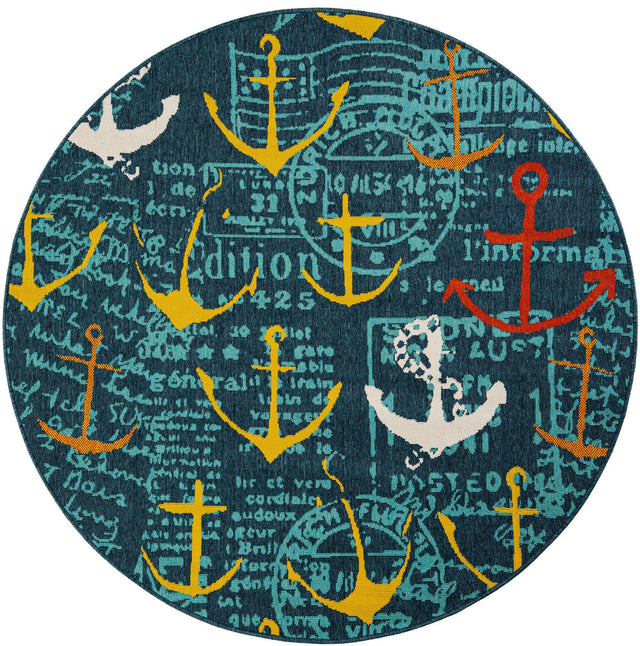 Navy Blue 6' 1 x 6' 1 Outdoor Coastal Round Area Rug Weather Resistant for Patio, Deck, Terrace, Balcony, Porch 100% Polypropylene Coastal Decor Carpet for Sale at Rug Engine